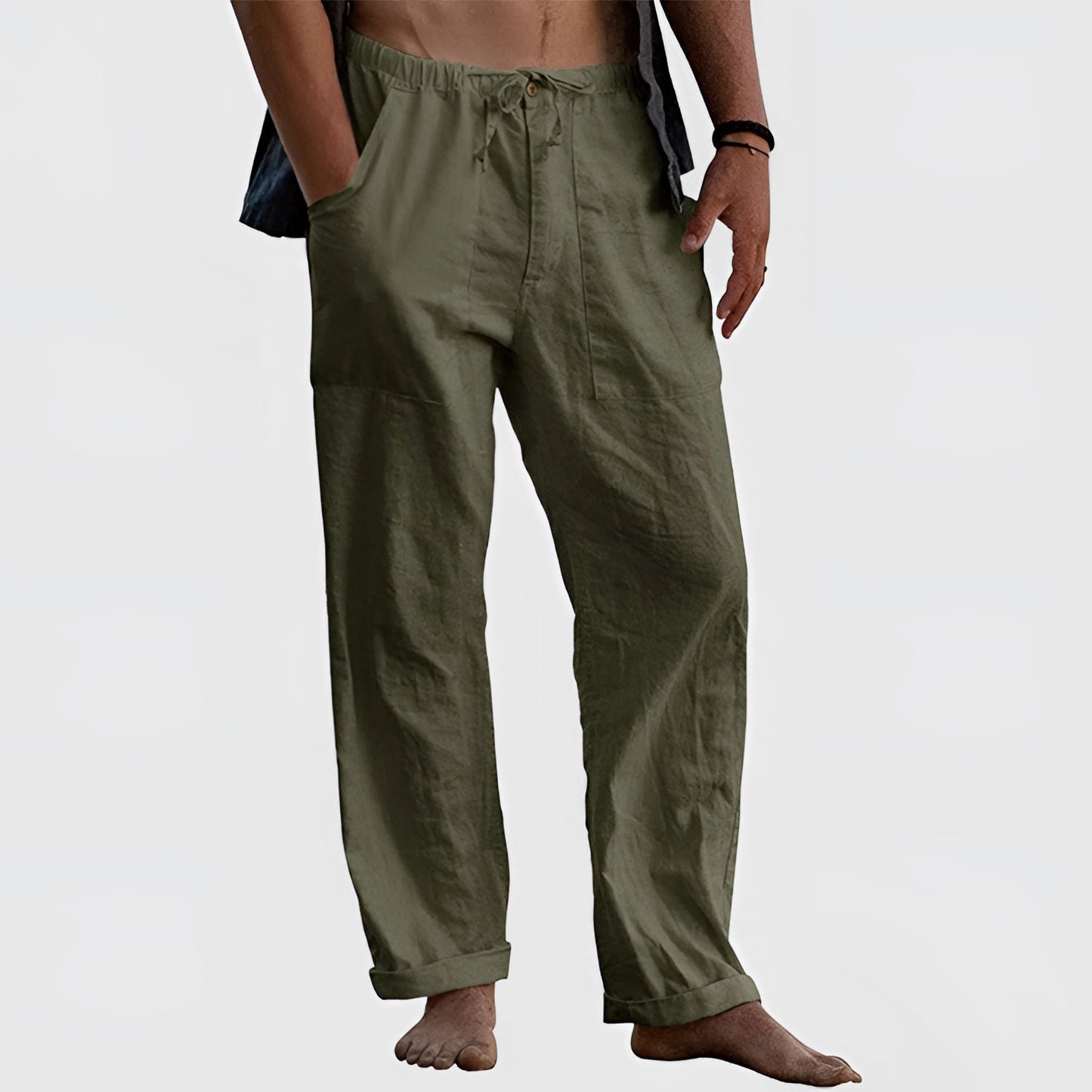 Men's Relaxed-Fit Olive Green Linen Drawstring Trousers: Lightweight & Eco-Friendly
 - ModishWorld