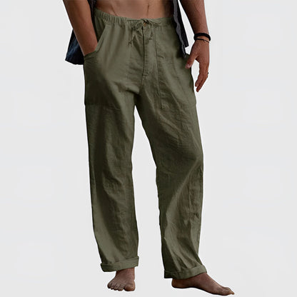 Men's Relaxed-Fit Olive Green Linen Drawstring Trousers: Lightweight & Eco-Friendly
 - ModishWorld