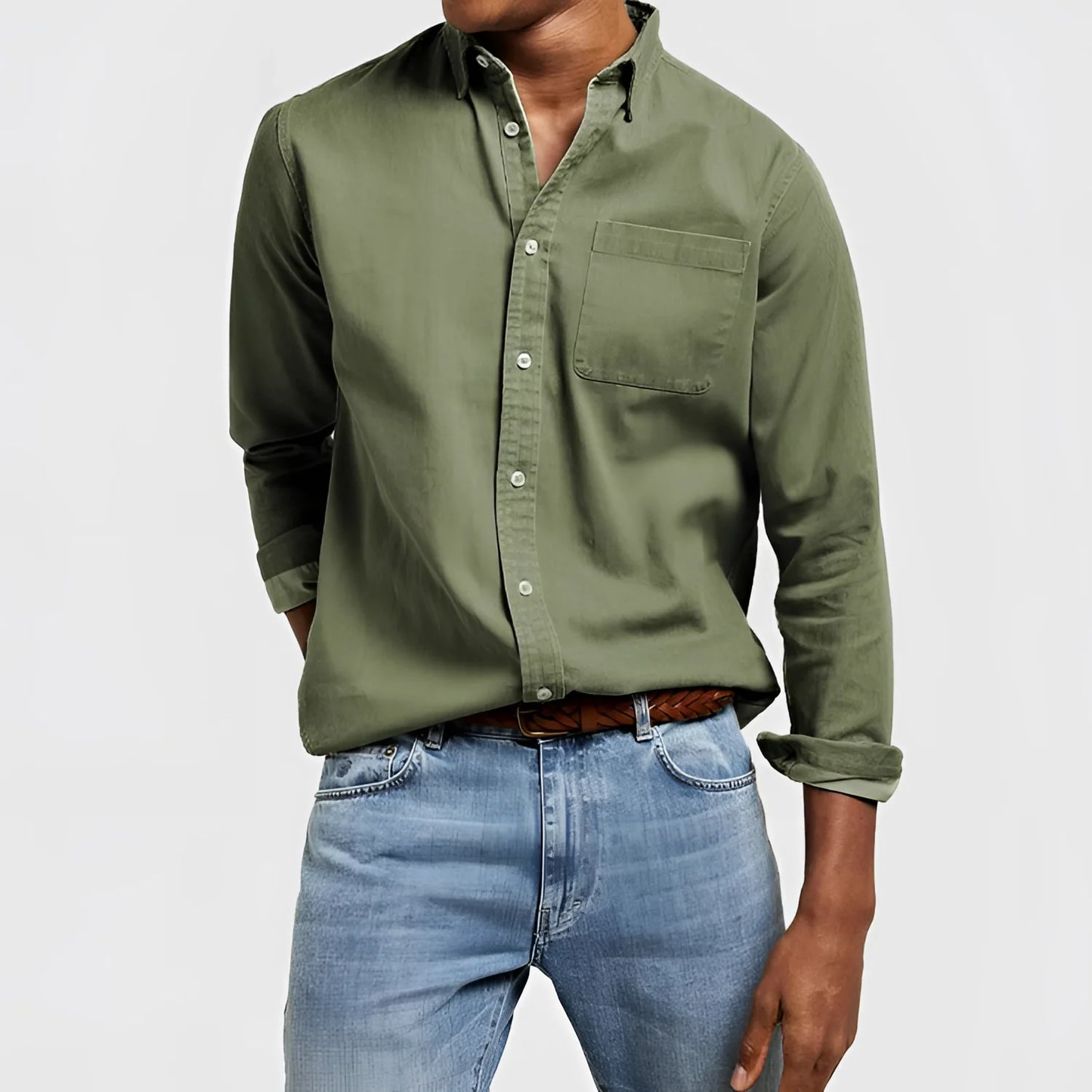 Men's Lightweight & Breathable Olive Green Linen Long-Sleeve Shirt
 - ModishWorld