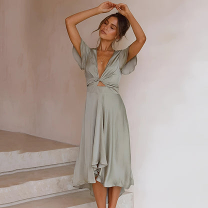 Flowy Olive Green Silk Midi Dress with V-Neck Twist Front Detail
 - ModishWorld
