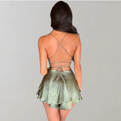 Mini Party Dress: Olive Green Velvet, Open Strappy Back, Flared Skirt
 - ModishWorld