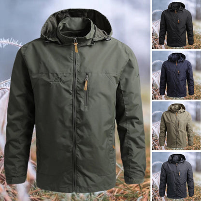 Men's Waterproof Hiking Jacket with Hood, Olive Green, Breathable, Multiple Pockets
 - ModishWorld