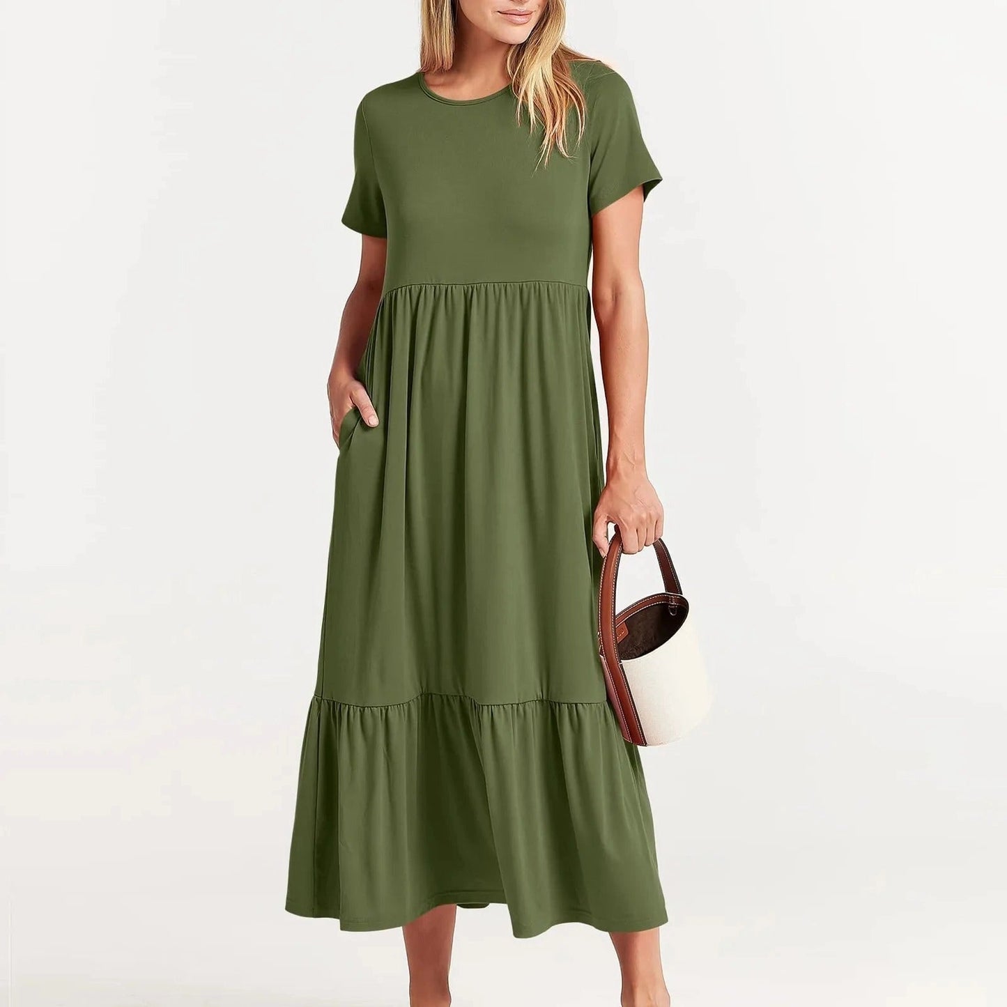 Women's Short Sleeve Olive Green Casual Midi Crew Neck Summer Dress
 - ModishWorld