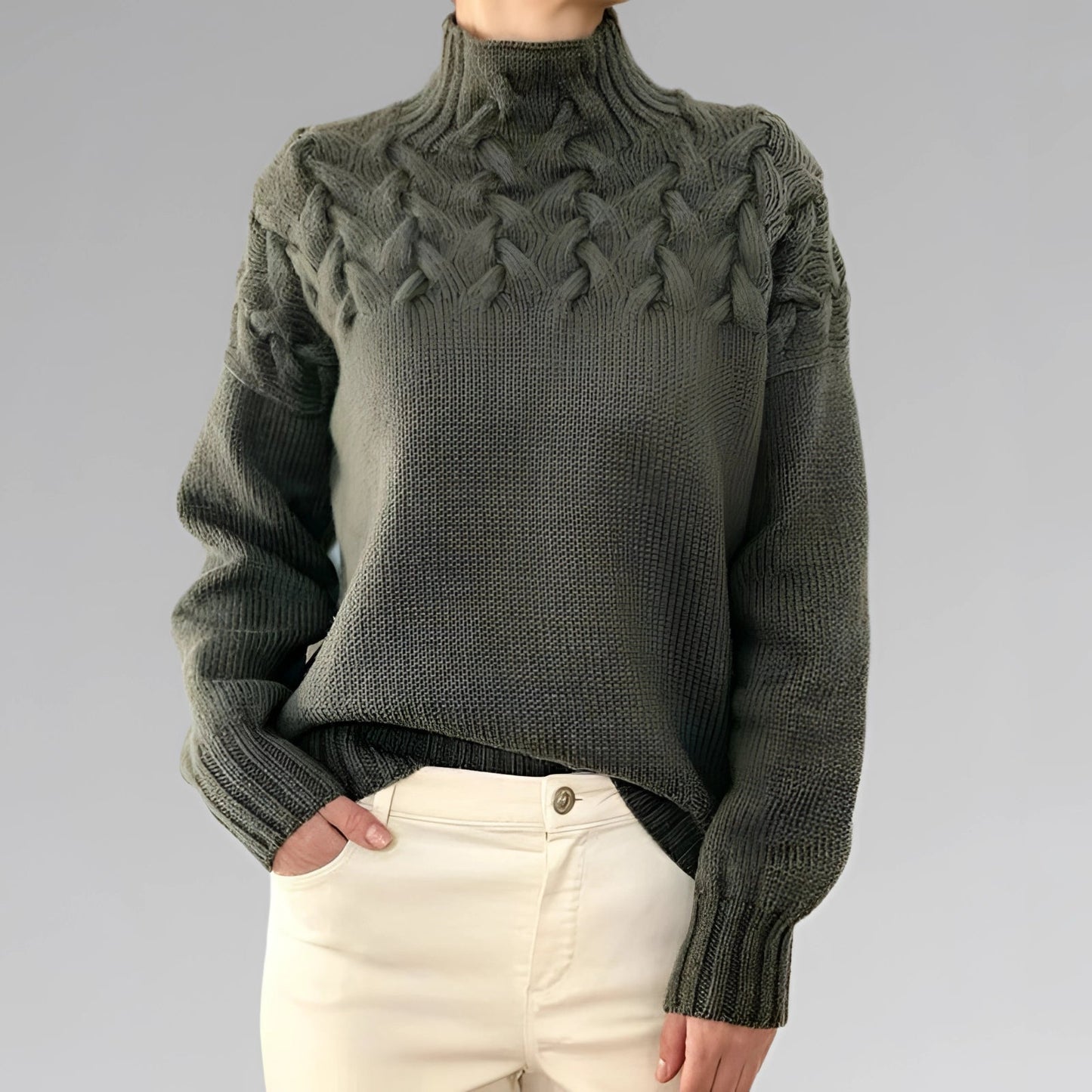 Women's Cable Knit Turtleneck Sweater in Olive Green Wool - Winter Fashion
 - ModishWorld