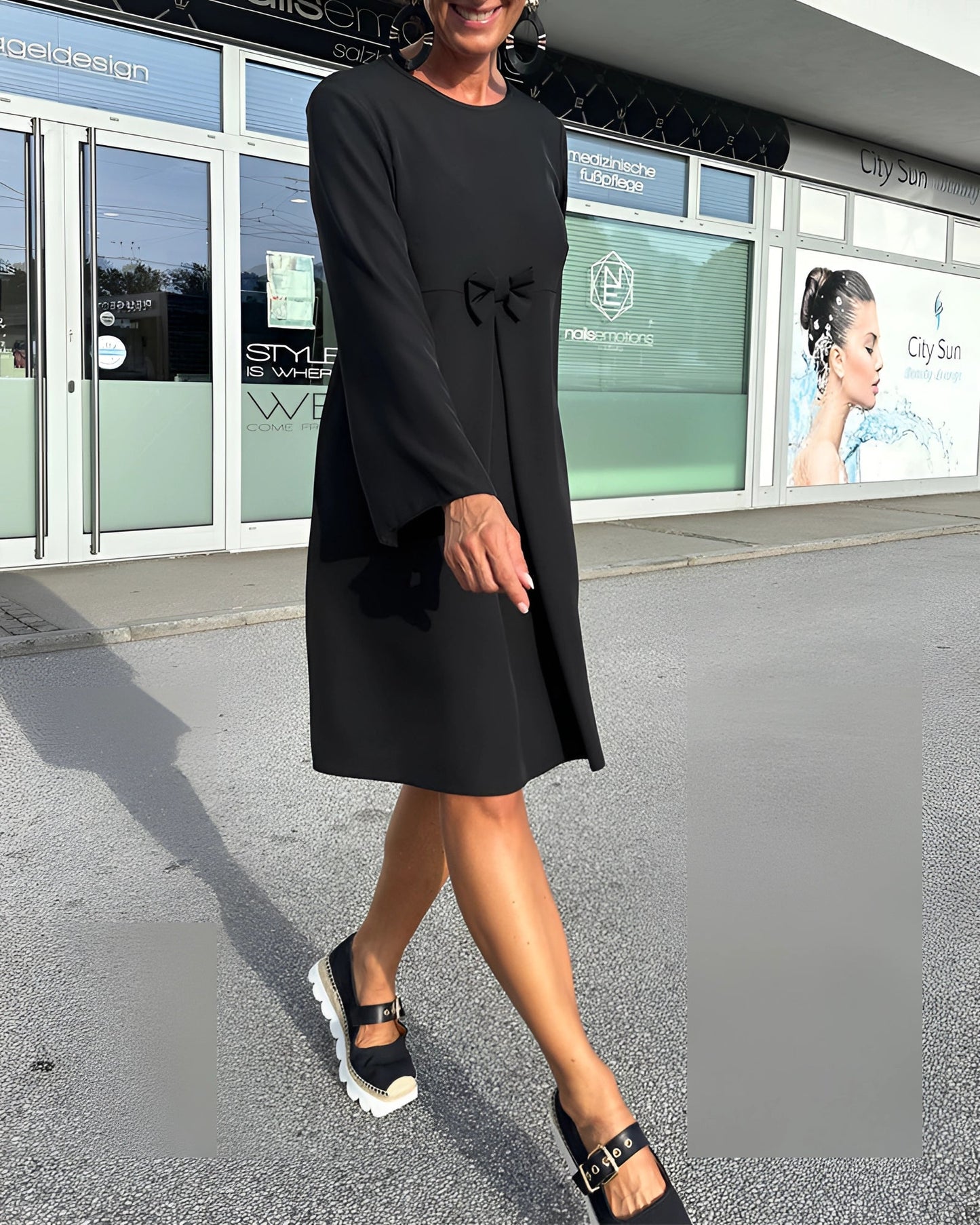 Stylish Black A-Line Knee-Length Bow Dress – Optimized Chic City Style
 - ModishWorld
