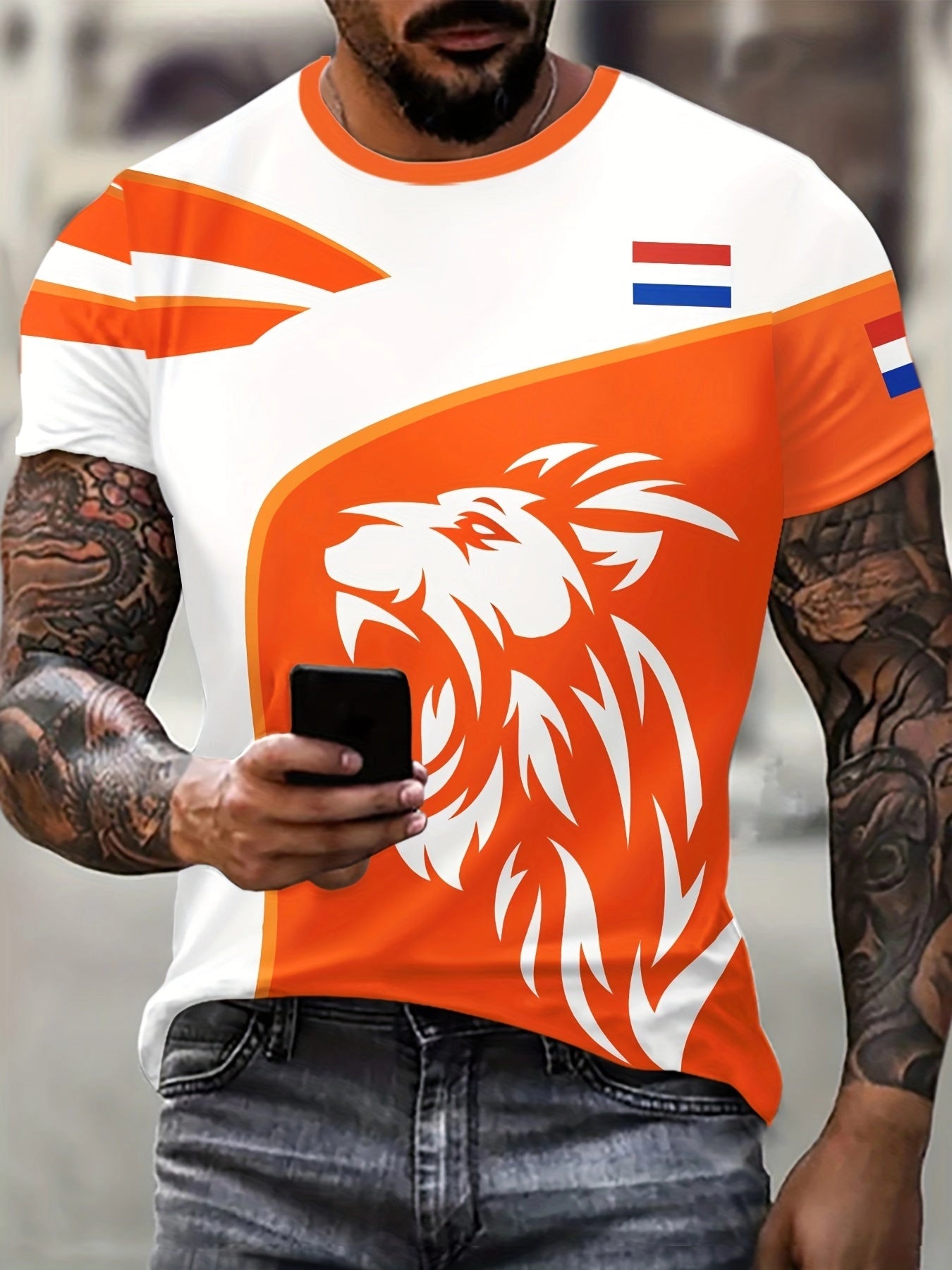 Men's Urban Style T-Shirt with Orange Lion Graphic
 - ModishWorld