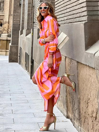 Women's Geometric Mid-Length Designer Dress in Orange and Pink
 - ModishWorld
