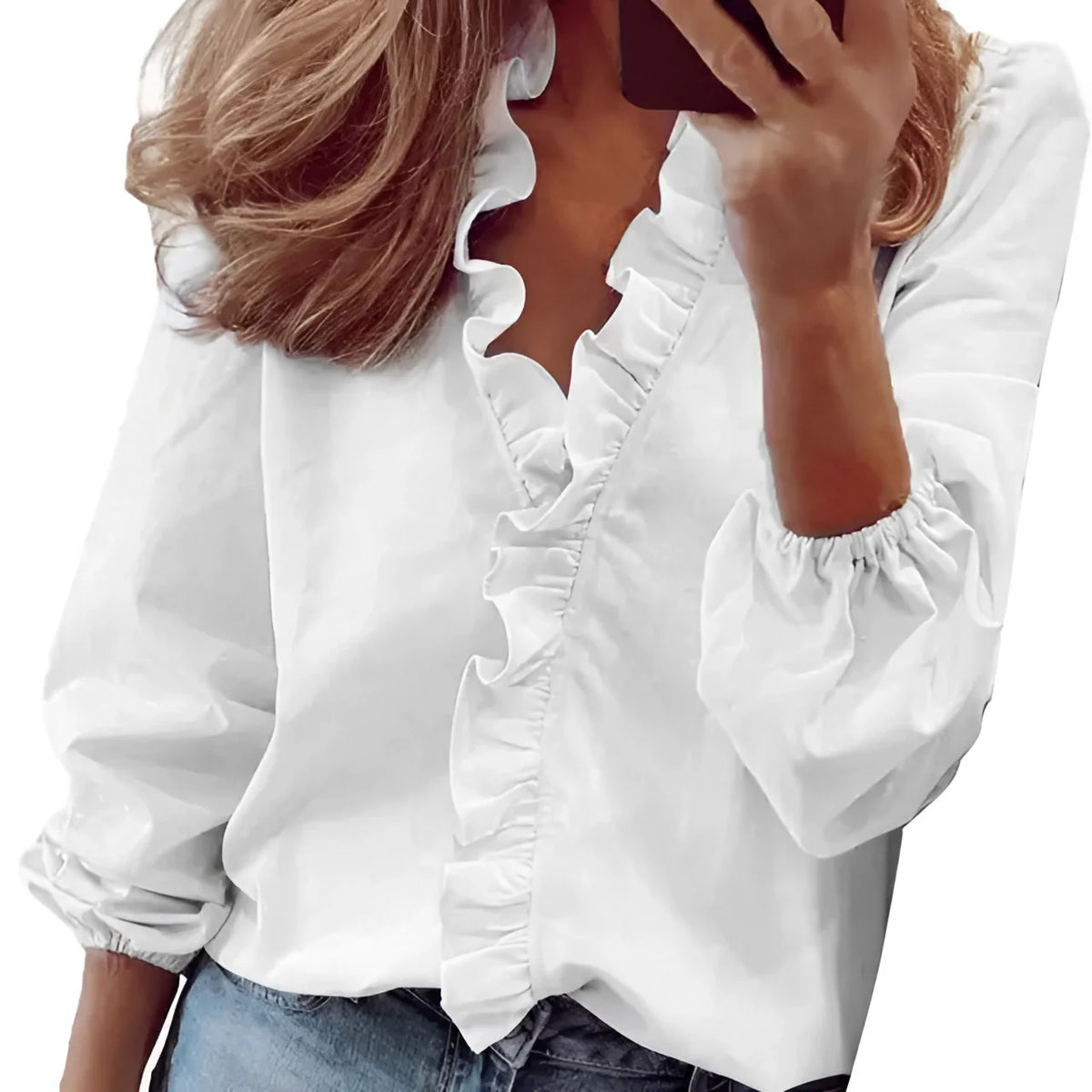 Elegant Long-Sleeve Chiffon Blouse with Orange Ruffles - Perfect for t ...