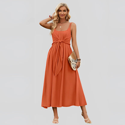Elegant Linen Midi Dress, Orange, Sleeveless, Perfect for Summer Parties
 - ModishWorld