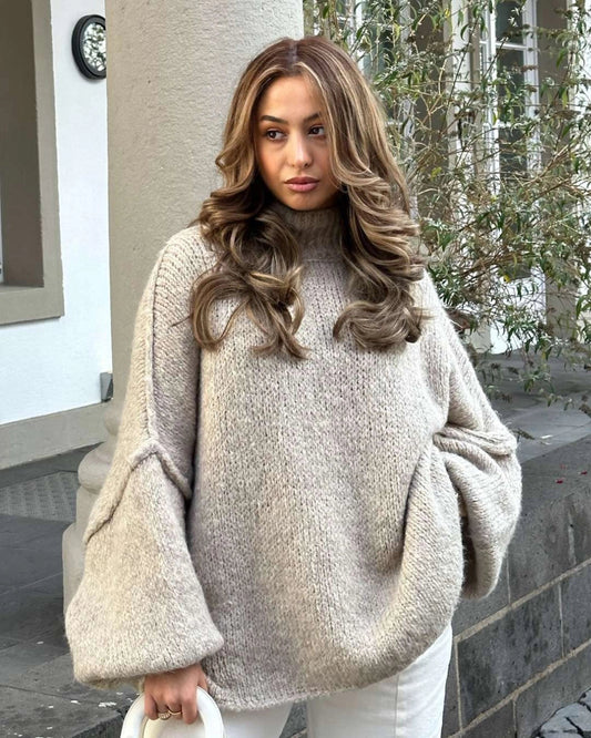 Chunky Knit Turtleneck Sweater in Beige - Oversized & Cozy for Winter
 - ModishWorld