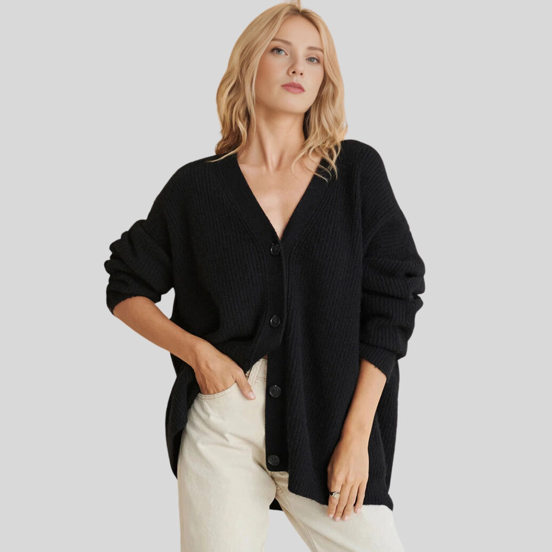 Black Balloon-Sleeve Chunky Knit Cardigan - Oversized V-Neck Designer Style
 - ModishWorld