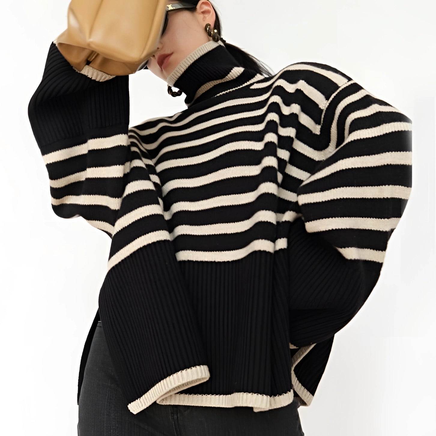 Big Black and White Bulky Knit Turtleneck Sweater
 - ModishWorld