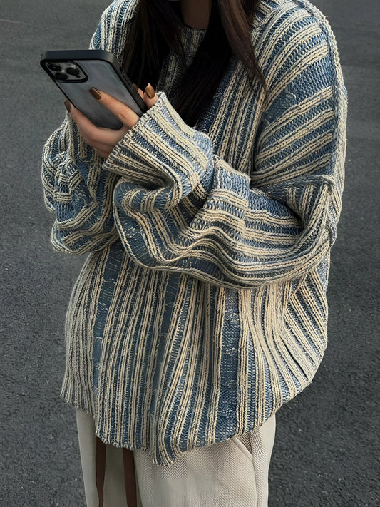 Women's Autumn Knit Sweater, Oversized Blue Stripe
 - ModishWorld