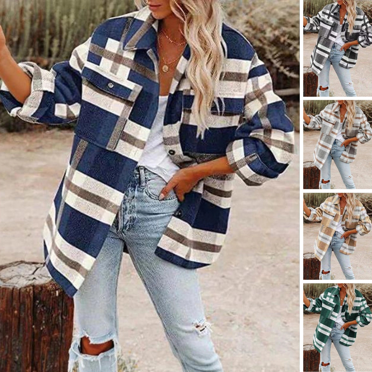 Women's Lightweight Blue and White Plaid Oversized Shacket for Fall
 - ModishWorld
