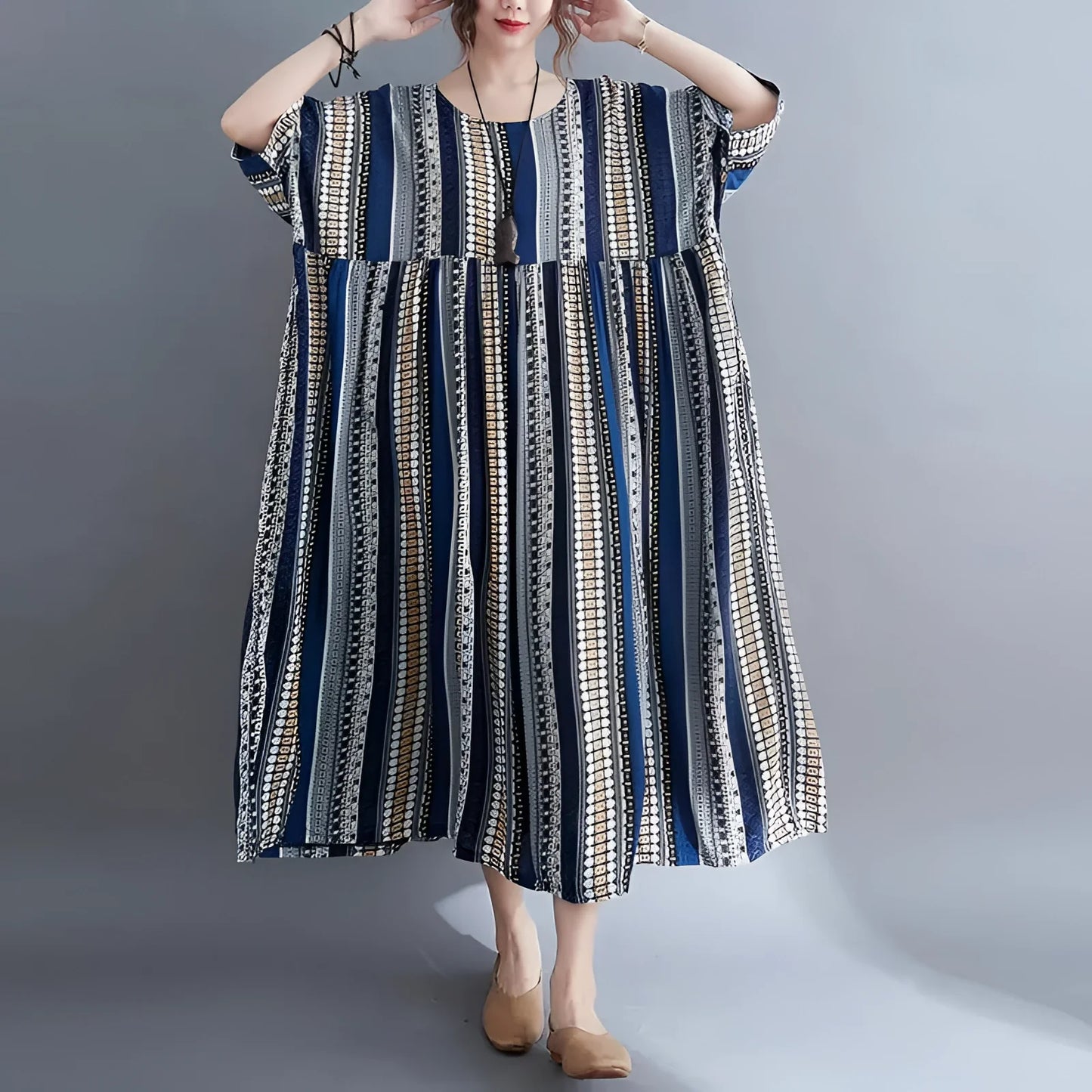 Flowy Bohemian Midi Dress with Wide Sleeves and Ethnic Stripes
 - ModishWorld