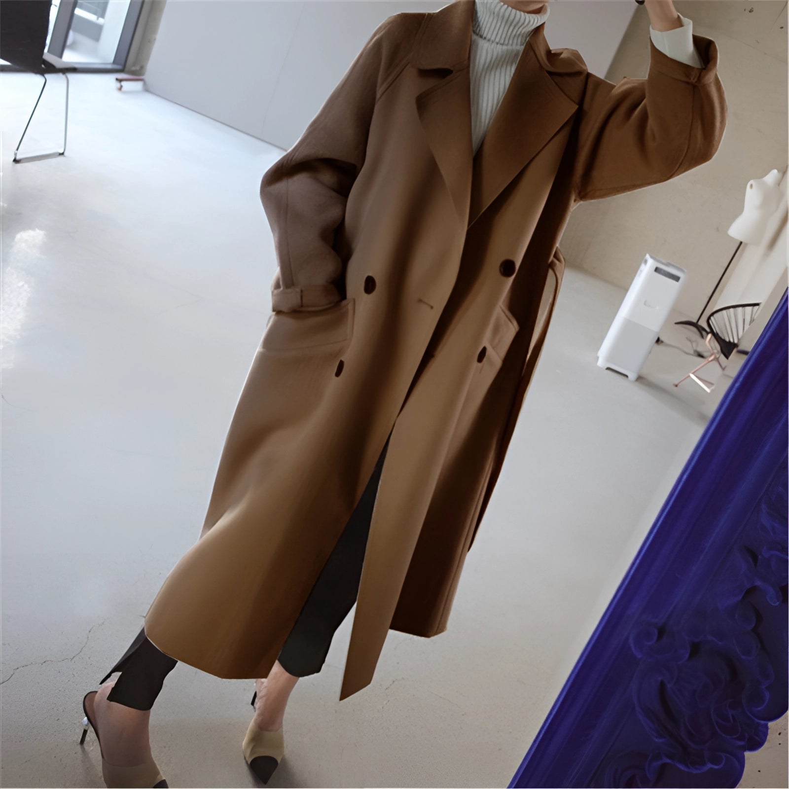 Long Women's Camel Wool Double-Breasted Trench Coat
 - ModishWorld