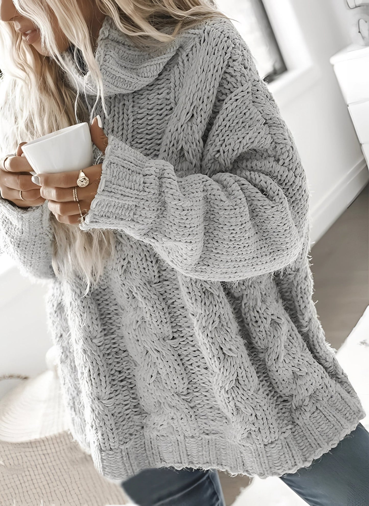 Women's Gray Chunky Knit Turtleneck Sweater (Oversized Cable Pullover)
 - ModishWorld