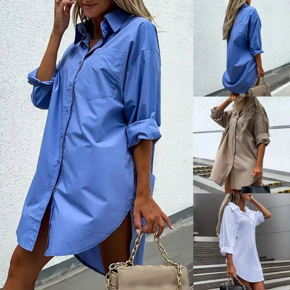 Women's Long Sleeve Mini Satin Shirt Dress with Pockets - Oversized Urban Chic Style
 - ModishWorld