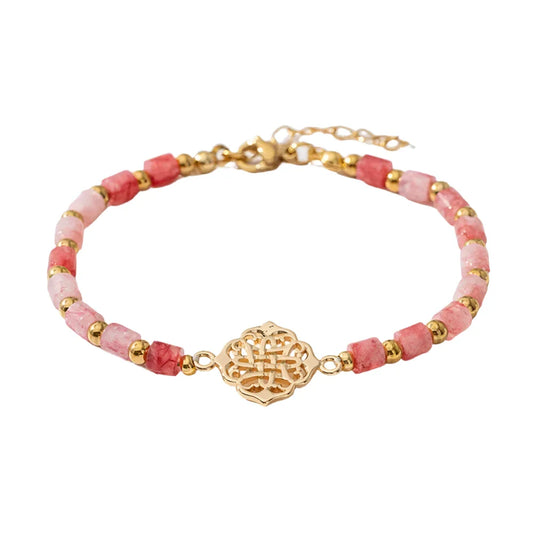 Adjustable Pink Beaded Bracelet, Gold Lotus Charm, Luxury Gift
 - ModishWorld