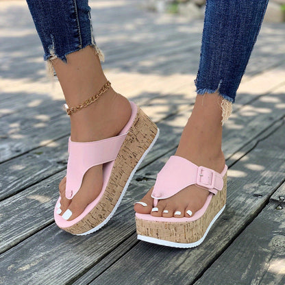 Adjustable Strap Pink Cork Wedge Sandals for Summer
 - ModishWorld