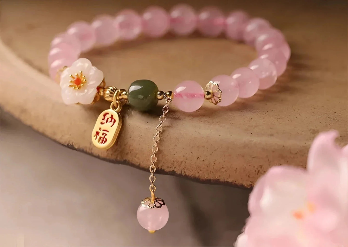 Rose Quartz & Gold-Plated Bracelet with Pink Crystal Jade Beads and Floral Charm
 - ModishWorld