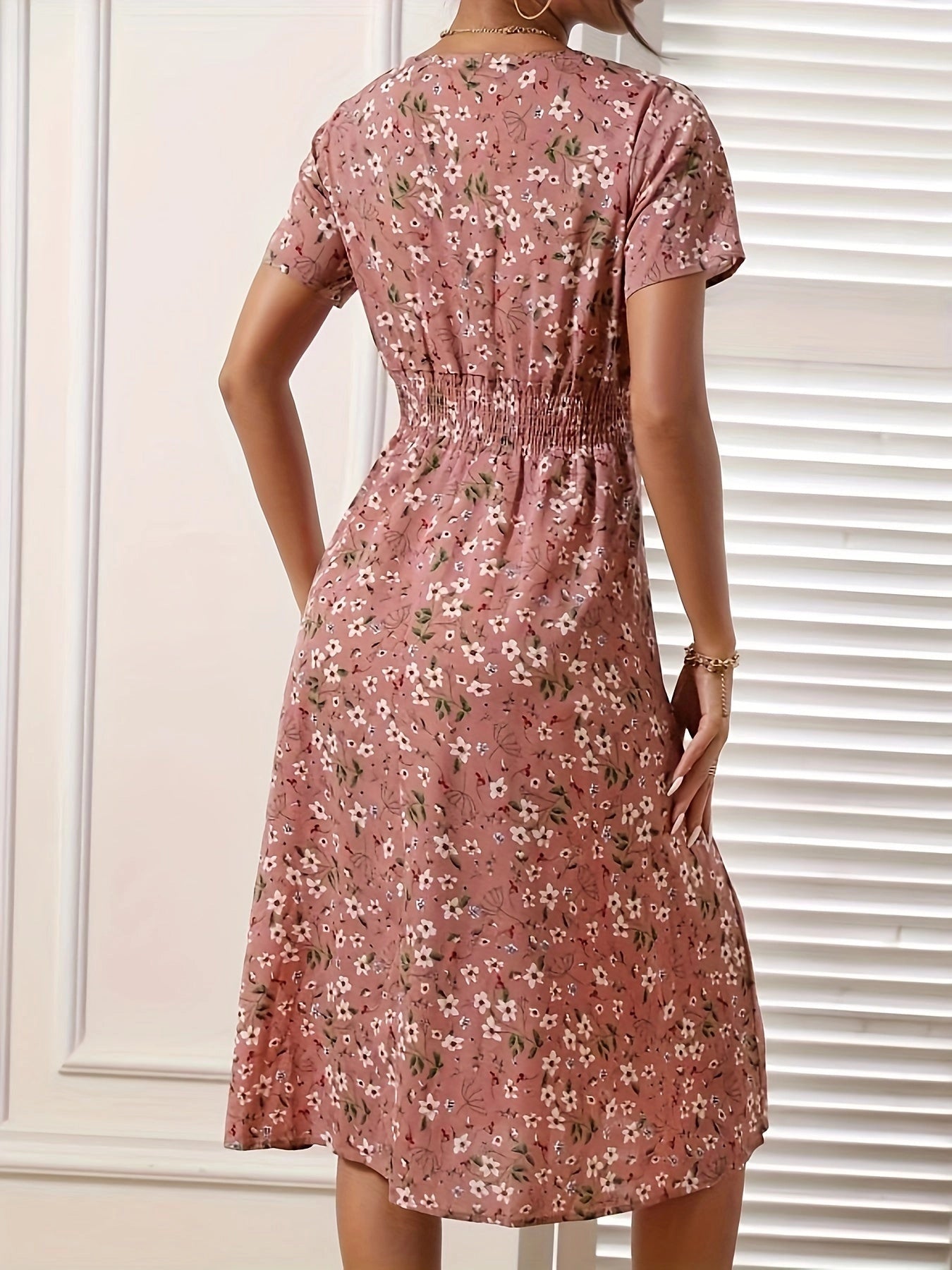 Lightweight Pink Floral Midi Dress with Elastic Waist and Short Sleeves
 - ModishWorld