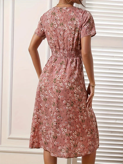 Lightweight Pink Floral Midi Dress with Elastic Waist and Short Sleeves
 - ModishWorld