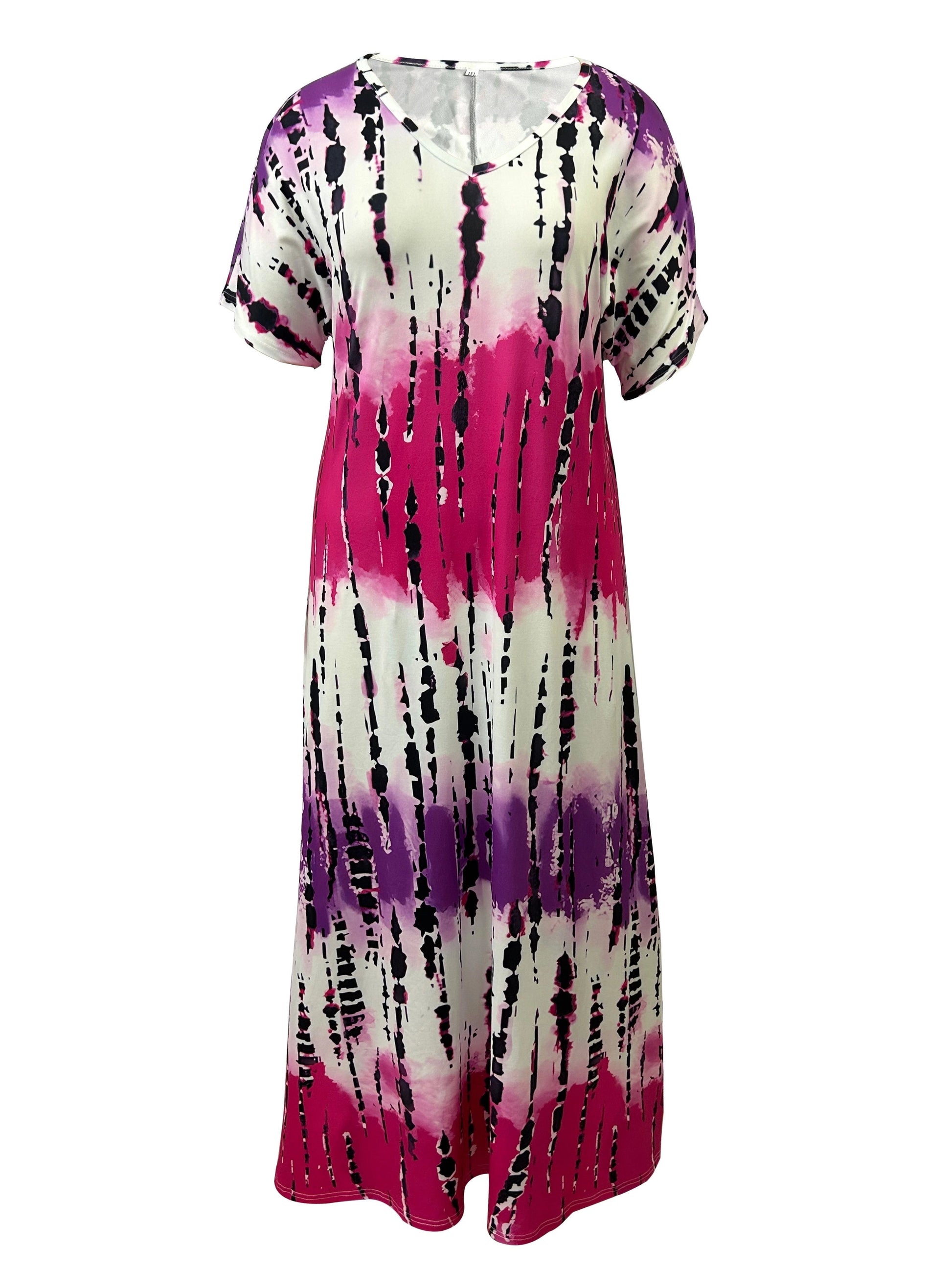 Abstract Batwing Dress, Pink and Purple Drip Design, V-Neck, Knee-Length
 - ModishWorld