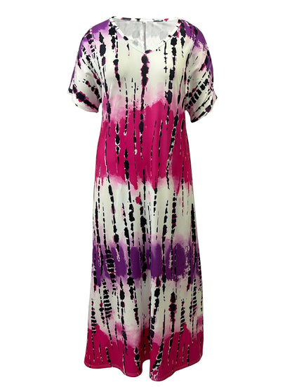 Abstract Batwing Dress, Pink and Purple Drip Design, V-Neck, Knee-Length
 - ModishWorld