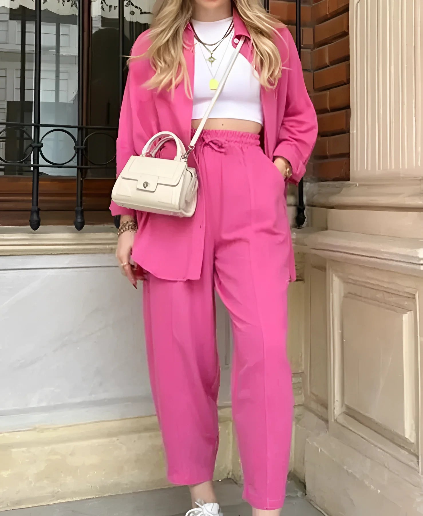 Women's Pink Blazer, High-Waisted Pants, and Crop Top Suit
 - ModishWorld