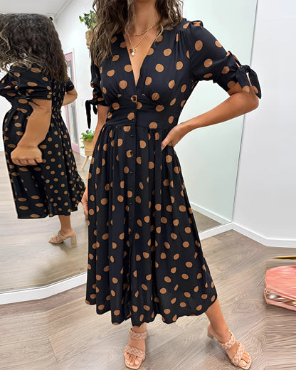 Midi Dress with Polka Dots, V-Neck, Tie Waist, Long Sleeves and Pockets
 - ModishWorld