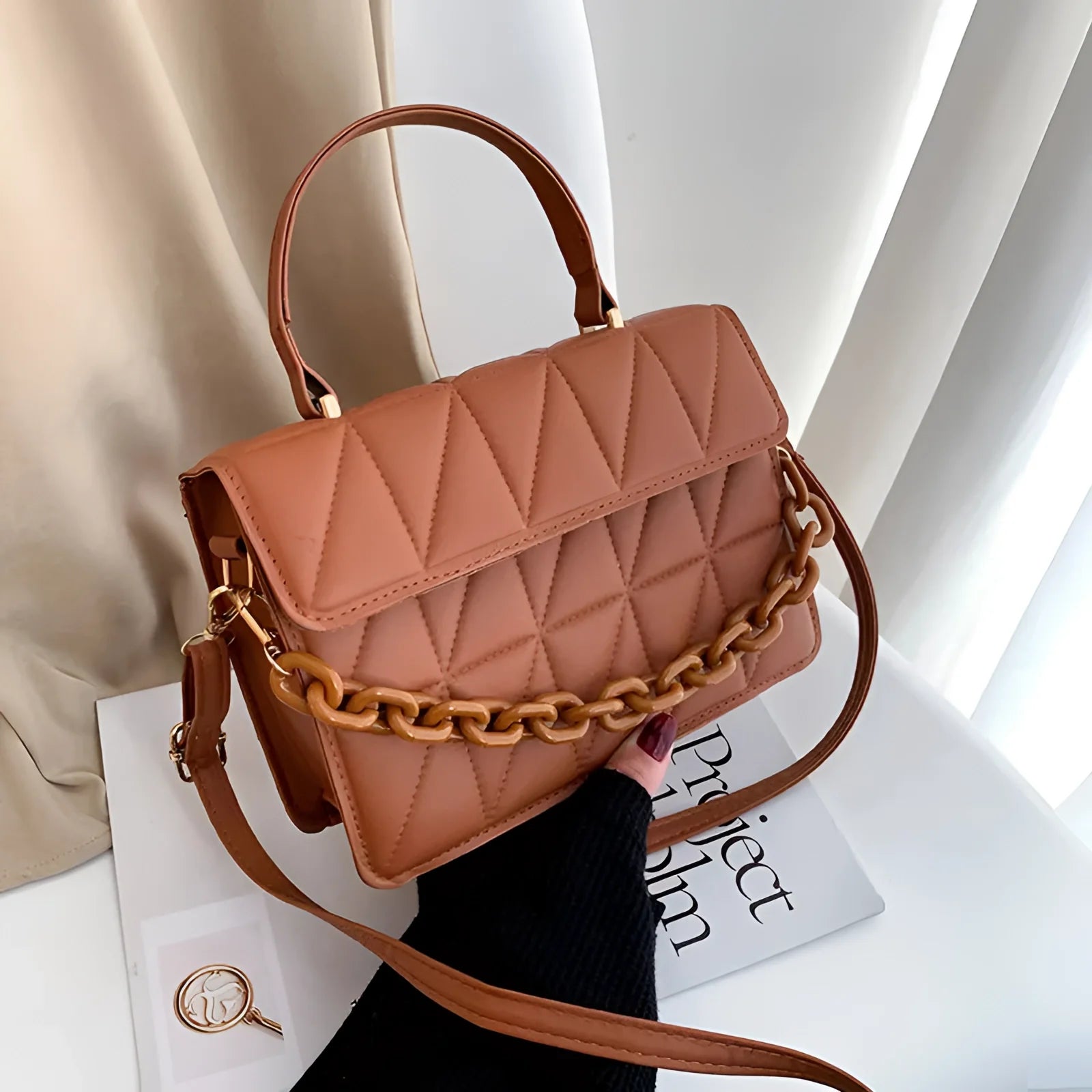Designer-Inspired Quilted Leather Crossbody Bag with Gold Chain
 - ModishWorld