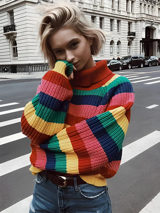 Women's Chunky Knit Rainbow Turtleneck Sweater
 - ModishWorld