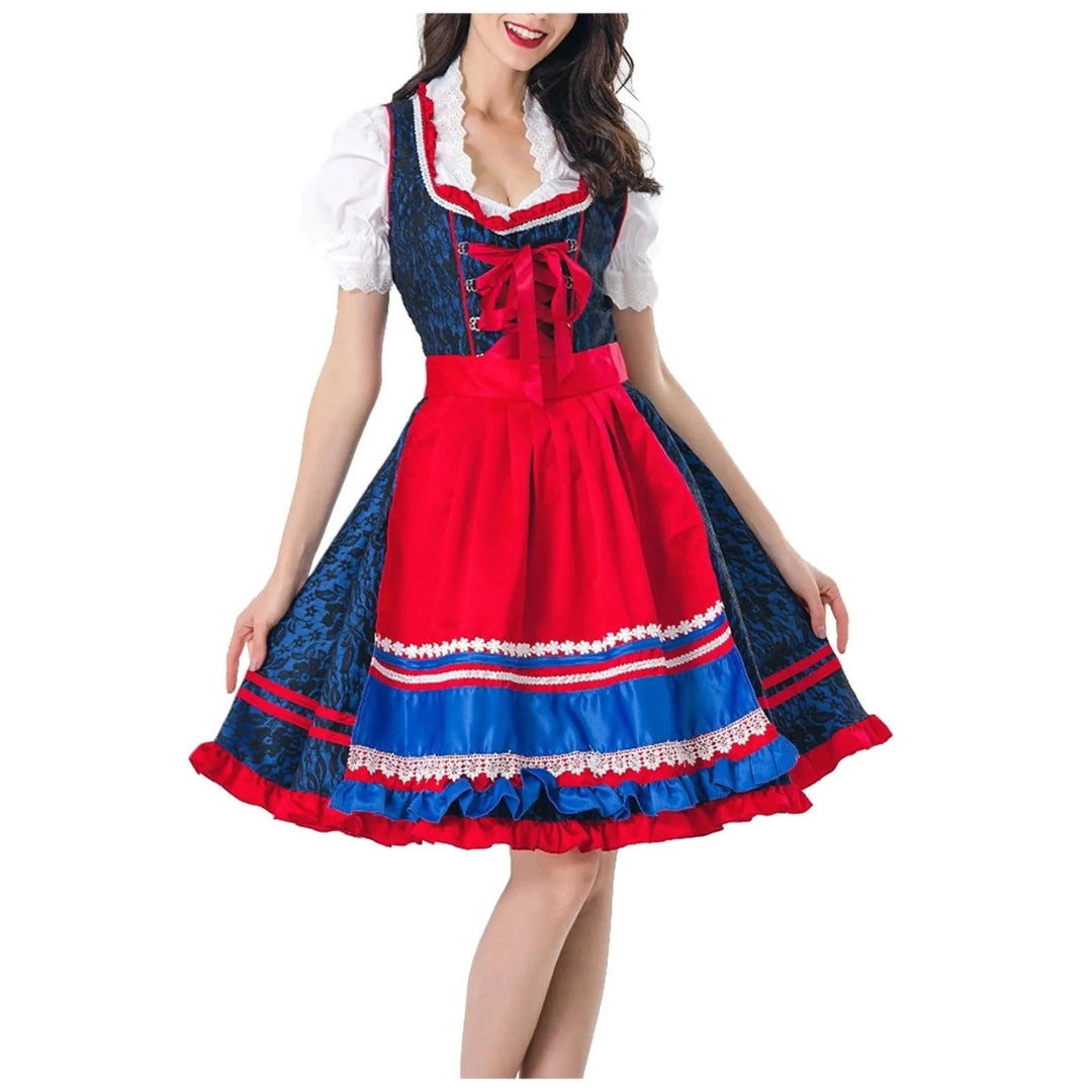 Bavarian Dirndl Dress in Red and Blue for Oktoberfest
 - ModishWorld