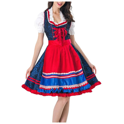 Bavarian Dirndl Dress in Red and Blue for Oktoberfest
 - ModishWorld