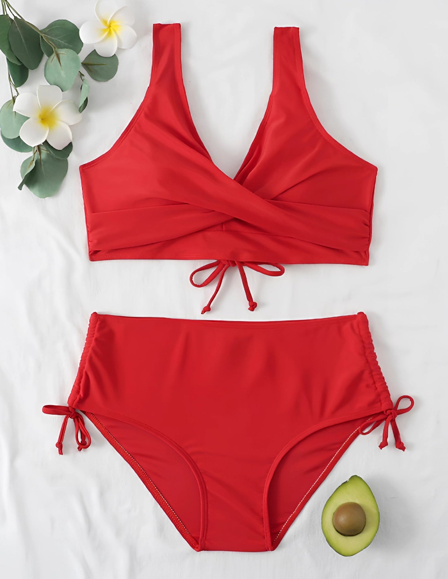 High-Waisted Red Cross Bikini with Adjustable Ties and Ruched Detail
 - ModishWorld