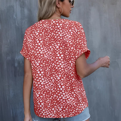 Women's Red Floral Summer Blouse, V-Neck, Short Sleeve, Lightweight
 - ModishWorld