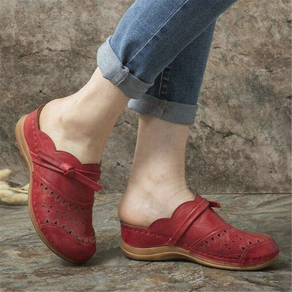 Women's Red Leather Orthopedic Clogs with Breathable Soft Insole and Bow
 - ModishWorld