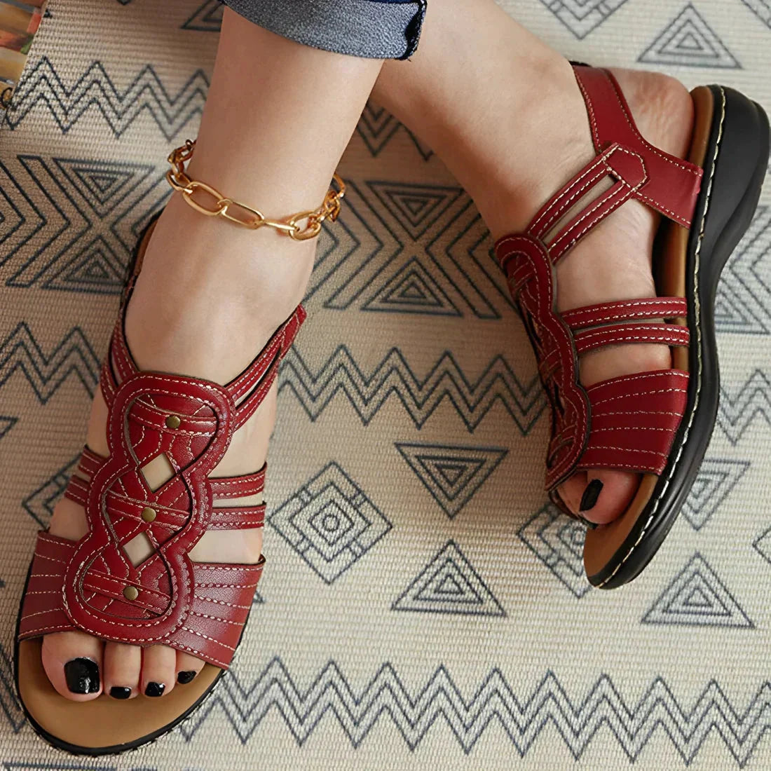 Women's Red Leather Flat Sandals with Comfortable Adjustable Ankle Straps
 - ModishWorld