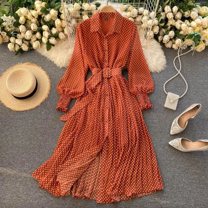 Vintage Red Polka Dot Midi Dress with Belt and Long Sleeves
 - ModishWorld
