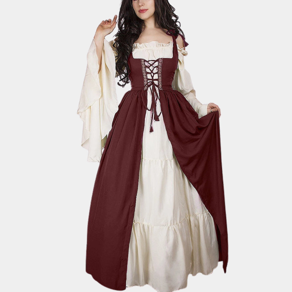 Burgundy and White Renaissance Corset Dress with Bell Sleeves – Modish