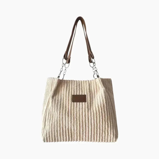 Beige Corduroy Tote Bag with Silver Chain Strap
 - ModishWorld