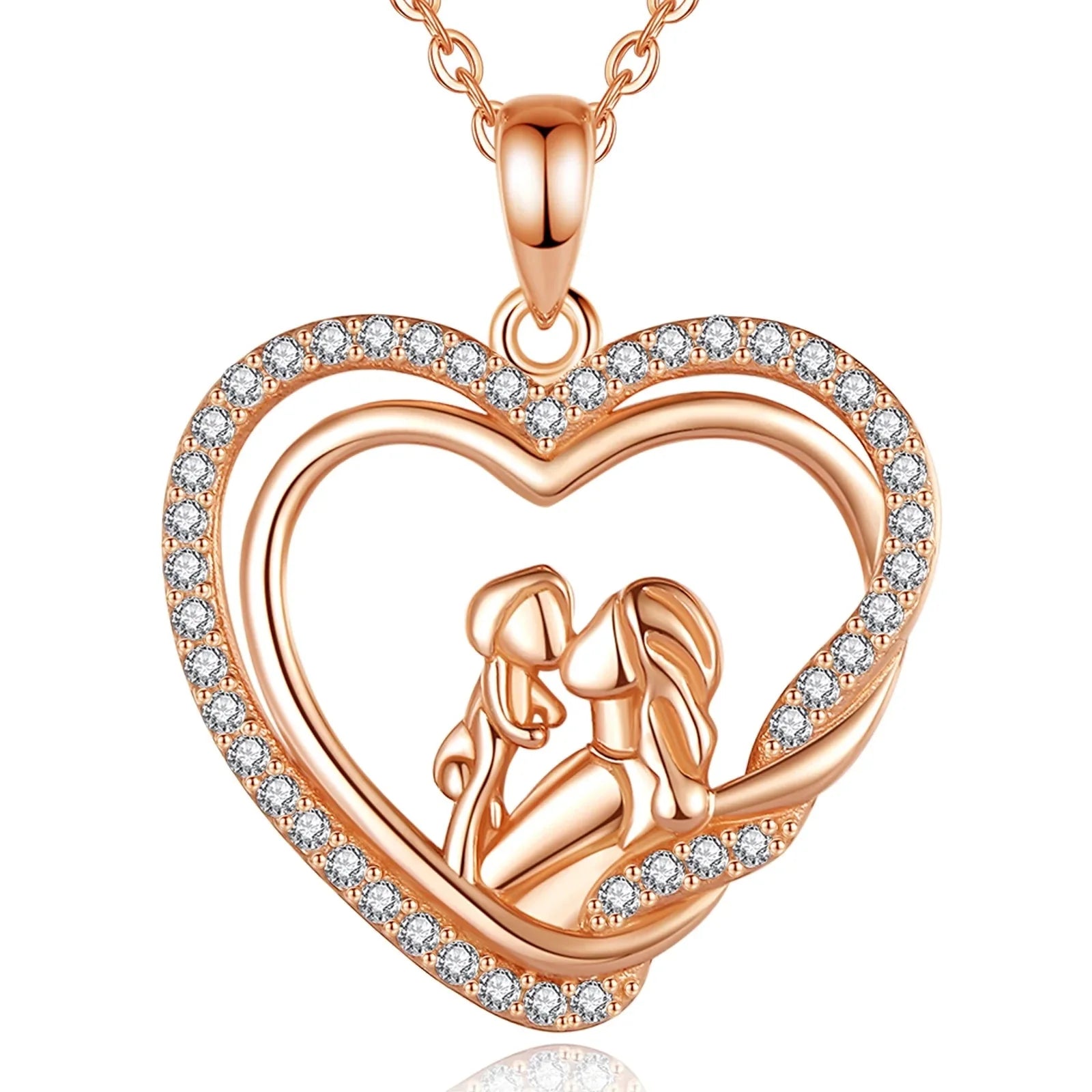 Sterling Silver Heart Necklace with Cubic Zirconia - Rose Gold, Mother & Daughter
 - ModishWorld