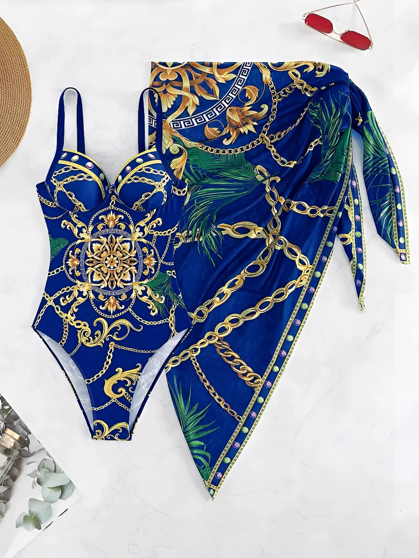 One-Shoulder Bikini Set with Sarong, Royal Blue Chain Print
 - ModishWorld