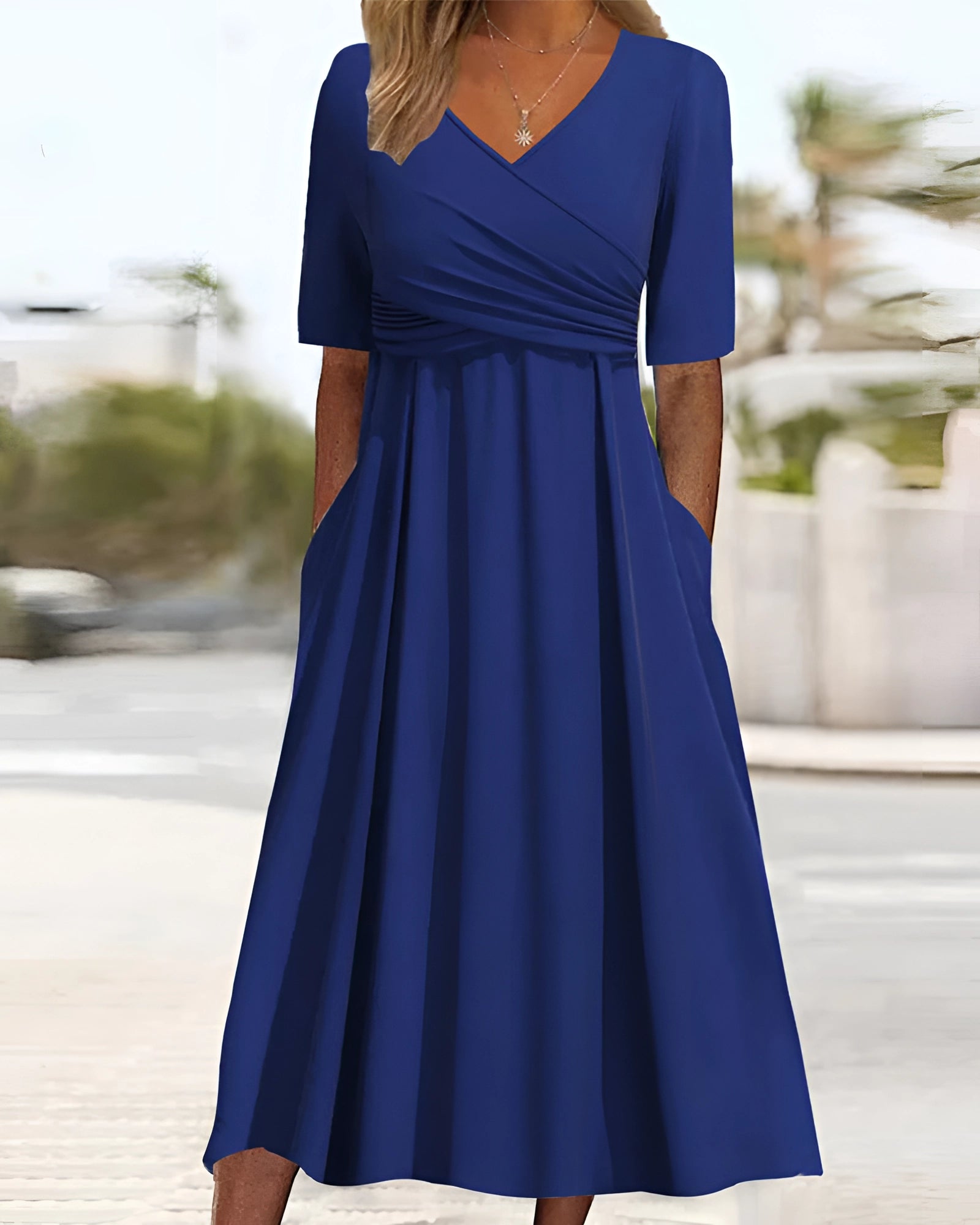 Plus Size Royal Blue Midi Dress with V-Neck, 3/4 Sleeves, and Empire W