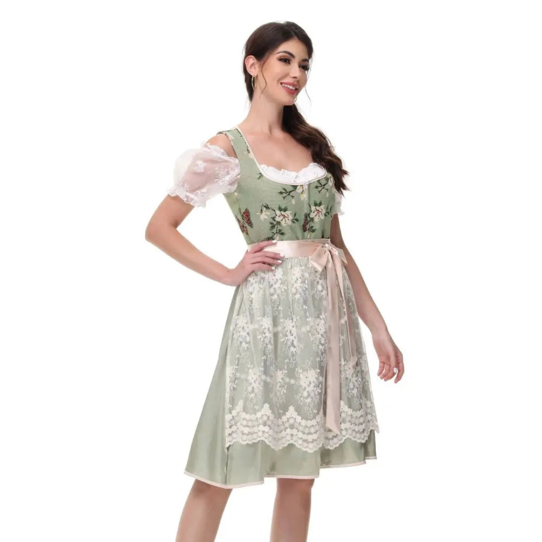 Floral Dirndl Dress in Sage Green with Lace, Perfect for Oktoberfest
 - ModishWorld