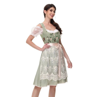 Floral Dirndl Dress in Sage Green with Lace, Perfect for Oktoberfest
 - ModishWorld
