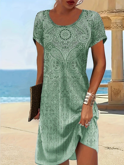 Women's Sea Green Lace Summer Dress, Short Sleeves - Casual Beachwear
 - ModishWorld