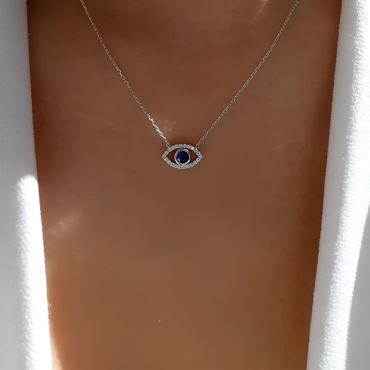 Elegant Silver Evil Eye Necklace: Blue Sapphire & Zircon Halo - Perfect Gift
 - ModishWorld