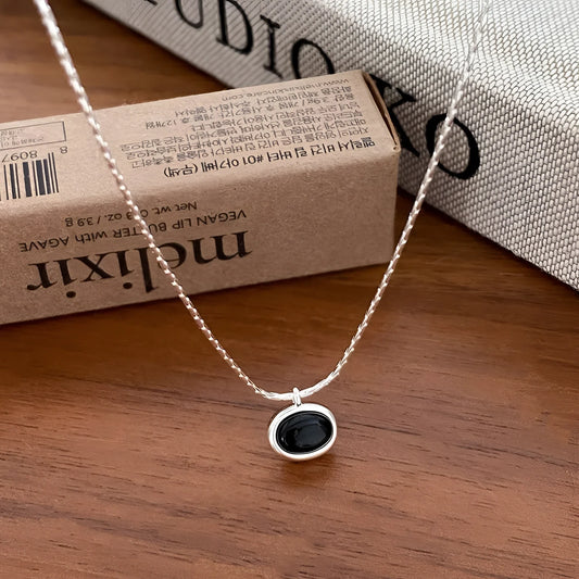 Modern Chic Necklace: Minimalist Silver Chain and Black Stone Pendant
 - ModishWorld